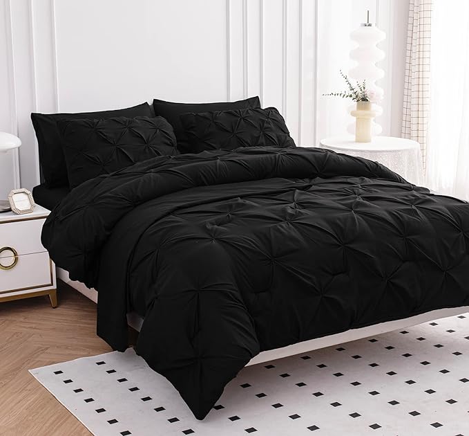 LANE LINEN Twin Comforter Set, 5 Piece Twin Bedding Sets, Ultra Soft Pintuck Twin Bed in a Bag Set with Down Alternative Comforter, Sheets, Pillowcase & Sham, Pinch Pleated Kids Bedding Set - Black