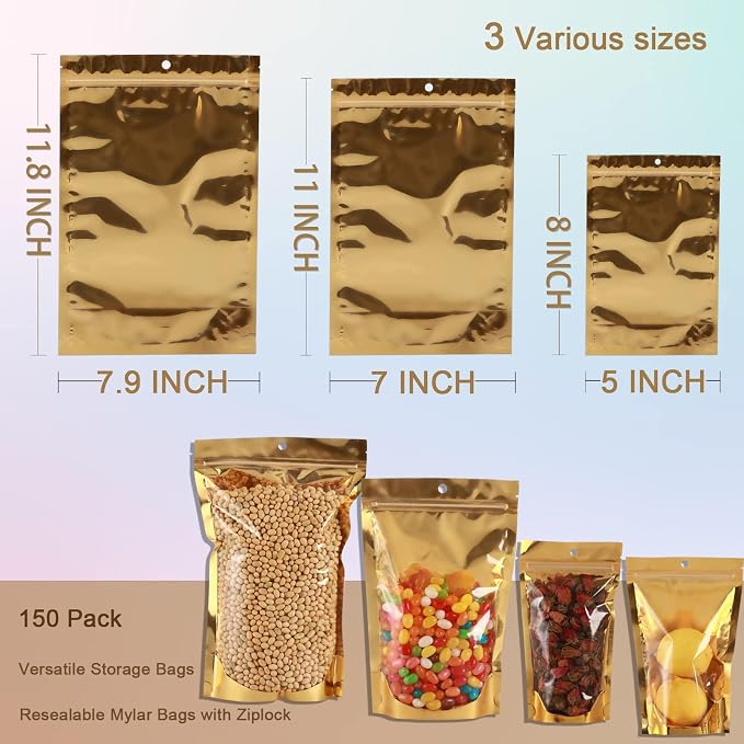 150 Pcs Mylar Bags for Food Storage, 5x8 Mylar Bag with Window Stand Up, Small Holographic Resealable Bags Smell Proof Bag Food Packaging for Small Business Freeze Dried Candy Jewelry Foil Packaging