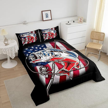 American Flag Comforter Set Farmhouse Fishing Bedding Set for Kids Boys Girls Teens Room Wild Fish Decor Comforter Red Blue Stripe Quilted Set 3Pcs Full Size