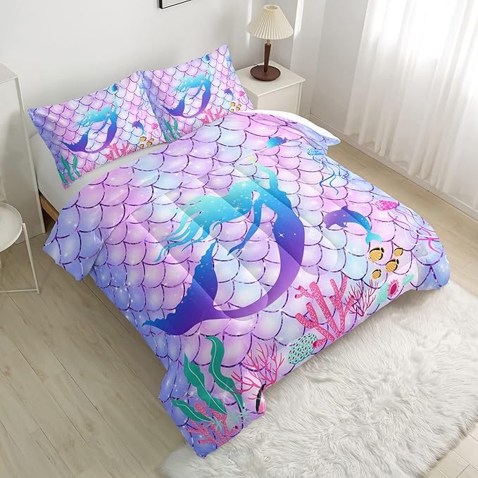 CVHOUSE Mermaid Comforter Sets King for Girls Women,Mermaid Scale Bedding Sets King Set,Mermaid Bedspread,Mermaid Duvet,Mermaid Bed Set,Mermaid Quilt Set 3 Pcs 1 Comforter and 2 Pillowcases