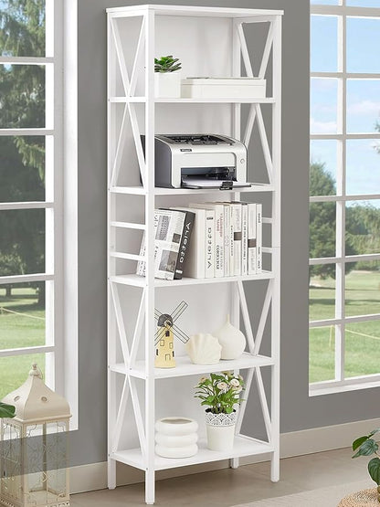 HOMISSUE Bookshelf, 6-Tier Tall Bookshelf, Rustic Wood Metal Bookshelves and Bookcases, Freestanding Open Bookshelf, Industrial Bookcase for Home Office, Living Room and Bedroom, White