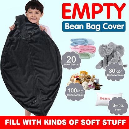 Lukeight Stuffed Animal Storage Bean Bag Chair Cover for Kids, Zipper Beanbag Chair Cover for Organizing Toddler & Kids' Rooms Plush Toys (Black, XX-Large)
