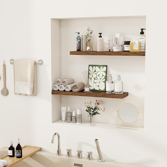 Fun Memories Floating Shelves for Wall, 24" Rustic Wood Deep Wall Mounted Shelves with Invisible Brackets for Decor & Storage, Floating Shelf for Living Room, Bathroom (Rustic Brown, Set of 2)