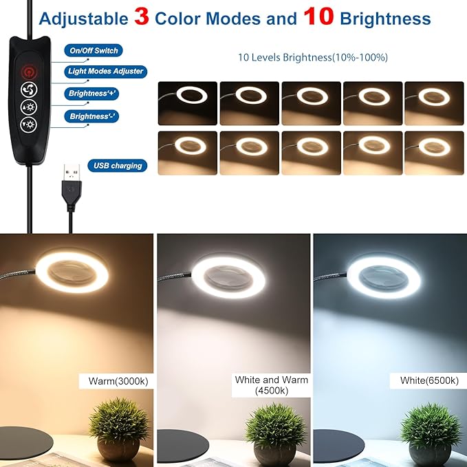 NZQXJXZ 2-in-1 Magnifying Glass with Light and Stand 20X 10X Magnifying Lamp with Large Base & Clamp, 72 LEDs, 3 Color Modes and10 Stepless Dimmable, Desk Magnifier for Hobbies, Reading, Jewelry