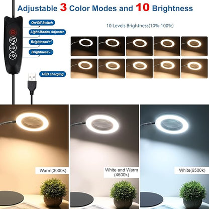 NZQXJXZ 2-in-1 Magnifying Glass with Light and Stand 20X 10X Magnifying Lamp with Large Base & Clamp, 72 LEDs, 3 Color Modes and10 Stepless Dimmable, Desk Magnifier for Hobbies, Reading, Jewelry