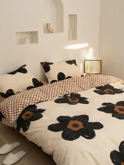 Black and White Comforter Set Black Floral Bedding King Comforter Set Hand-Drawn Flowers Cotton Women Modern Elegant Chic Quilts Blankets Lightweight Black Flower Reversible Bed Comforter Set