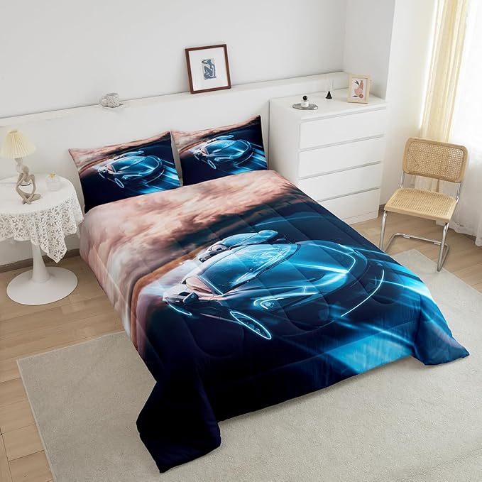 Erosebridal Sports Car Queen Comforter Set, Racing Car Cool Speed Bedding 3pcs for Kids Boys Teens Bedroom Decor, Race Car Blue and Black Print Bedding Comforters & Sets, 1 Comforter 2 Pillowcases