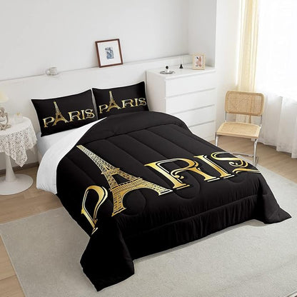 Erosebridal Eiffel Tower Comforter Set, City Building of Paris Bedding Set King Size, Gold Black Duvet Sets for Kids Boys Girls Teens Bedroom, Soft Microfiber Bedding Comforters with 2 Pillow Cases
