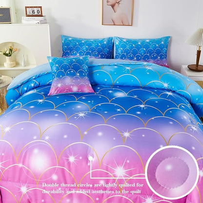 URBONUR 6Pcs Mermaid Comforter Set Queen for Girls Glitter Fish Scales Printed Bedding Set on Gradient Pink Purple Blue Soft & Fluffy Girls Bed Set with Sheets for Queen Bed