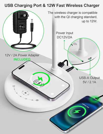 BOHON Desk Lamp, LED Desk Lamp with USB Charging Port, Wireless Charger Desk Light for Home Office, 5 Colors 6 Levels Brightness, Touch Table Lamp for Bedroom Bedside College Dorm Reading, White