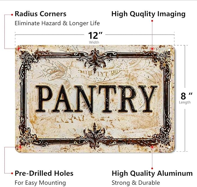 Vintage Distressed Style Aluminum PANTRY Wall Decor Metal Sign 8X12in Retro Ornate Border Rustic Art Sign for Kitchen Pantry Room Farmhouse Home Decoration