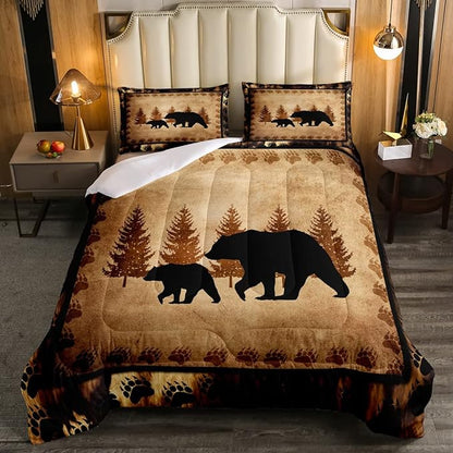Bear Comforter Set Queen Size Farmhouse Wild Animal Comforter Retro Bear Family Bedding Set for Kids Boys Girls Brown Bear Paws Duvet Set Rustic Bedroom Decor Quilted Set 3Pcs