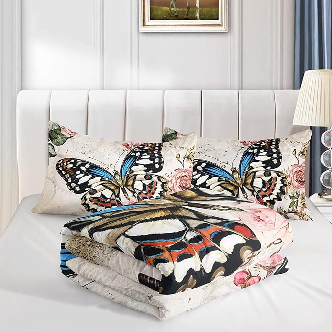 Butterfly Comforter Set for Girls Kids Adults Butterfly Rose Bedding Set Aesthetics Butterflies Quilt Duvet Set Queen Size with 1 Comforter and 2 Pillowcases