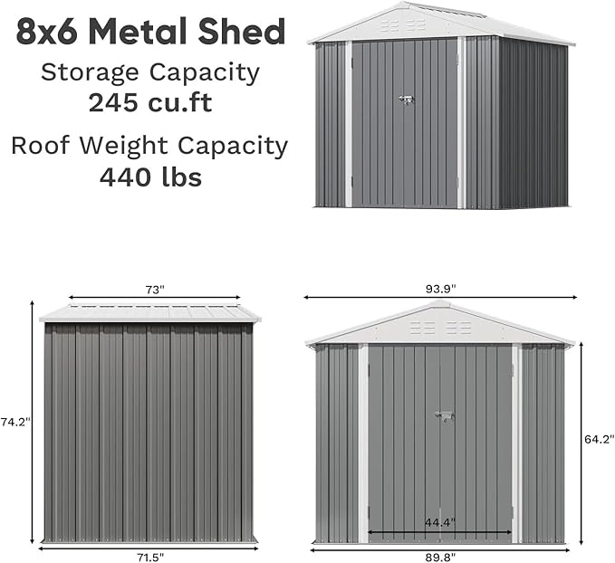 Greesum 8×6FT Outdoor Storage Shed, Metal Patio Storaged Sheds with Lockable Doors, Sheds & Outdoor Storage for Bike, Backyard, Pool and Garden, Gray