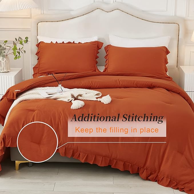 Andency Terracotta Ruffle Comforter King(104x90Inch), 3 Pieces(1 Ruffled Comforter and 2 Pillowcases) Solid Farmhouse Shabby Chic Comforter, Vintage Rustic Soft Microfiber Bedding Set