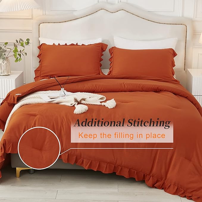 Andency Terracotta Ruffle Comforter Full(79x90Inch), 3 Pieces(1 Ruffled Comforter and 2 Pillowcases) Solid Farmhouse Shabby Chic Comforter, Vintage Rustic Soft Microfiber Bedding Set