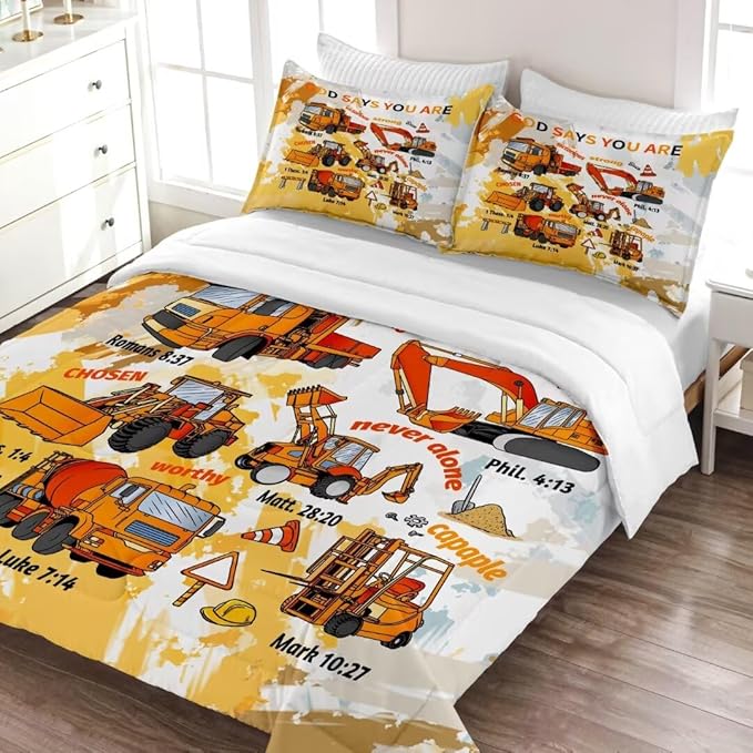 Kids Construction Vehicles Truck Comforter for Boys Full,Cartoon Car Excavator Tractor Bedding Set,Construction Christian Spirational Quotes Comforter with 2 Pillowcases Yellow