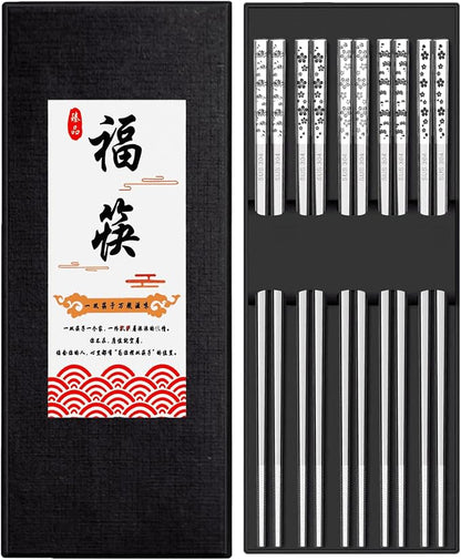 Stainless Steel Chopsticks - Laser-Engraved,Reusable metal chopsticks Non-Slip Tips, Dishwasher Safe Metal Utensils for Sushi, Cooking, Family & Gifts 9.25 Inches (Floral)