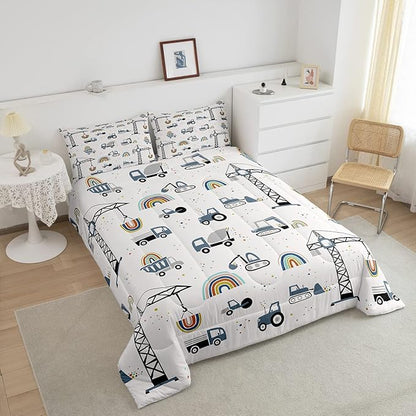 Toddler Cute Cars Bedding Set Cartoon Excavator Kids Comforter Set Boys Construction Vehicles Comforter Equipment Trucks Duvet Set Rainbow Room Decor Tractor Quilt Set Twin Size With 1 Pillow Case