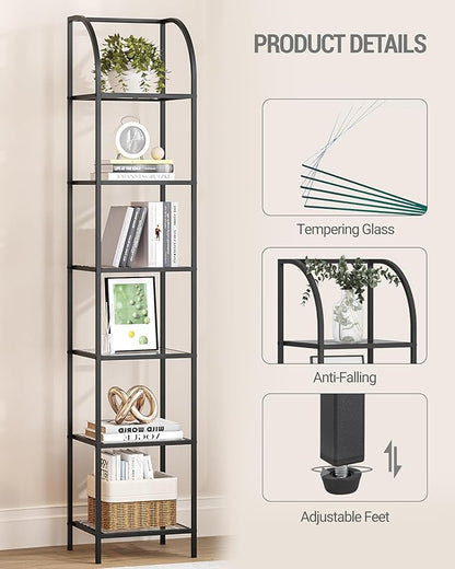 Bookcase Bookshelf, Tempered Glass Arched Bookshelf for More Storage, Slim Shelving Unit for Bedroom, Bathroom, Home Office, Steel Frame, 6 Tier Black BC20699B