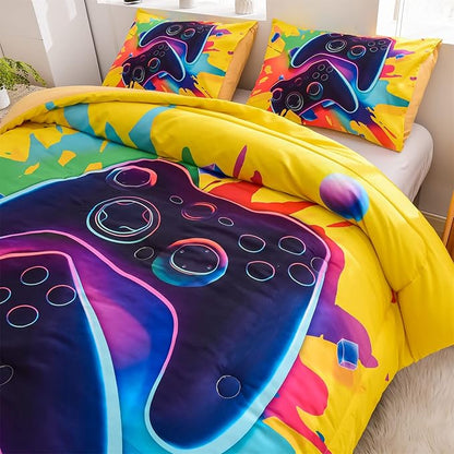 Aimuan Gamer Gaming Bedding Sets 3D Gamepad Comforter Sets for Boys Games Console Action Buttons Novelty Colorful Game Controller Modern Room Decor Home Quilt Set (Full, Yellow)