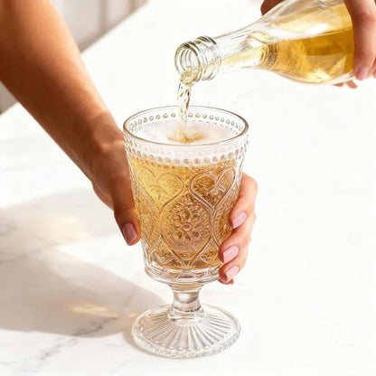 ZAVOOS Set of 6 Clear Glass Goblet, 12 Oz Vintage Romantic Wine Glasses | Embossed Floral Glass Cups Set, Bar Tumbler Drinking Glassware for Iced Tea, Wine, Beer, Juice, Cocktail, Whiskey