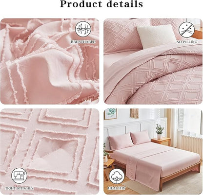 7 Pieces Tufted Bed in a Bag Queen Comforter Set with Sheets Blush, Soft and Embroidery Shabby Chic Boho Bohemian, Luxury Solid Color with Diamond Pattern, Jacquard Tufts Bedding Set for All Season