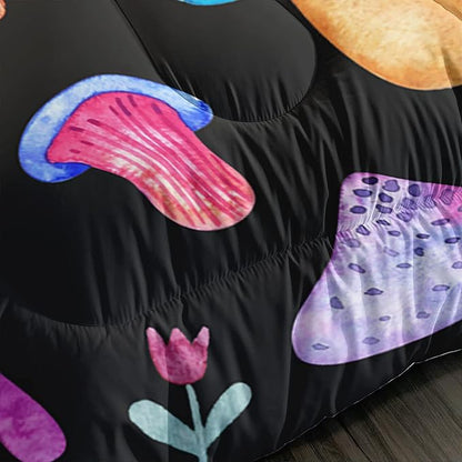 Colorful Mushroom Comforter Set Queen Size Kids Mushroom Flora Bedding Set Botanical Plant Theme Print Quilt Bed Set for Boys Girls Adults with 1 Comforter and 2 Pillowcases