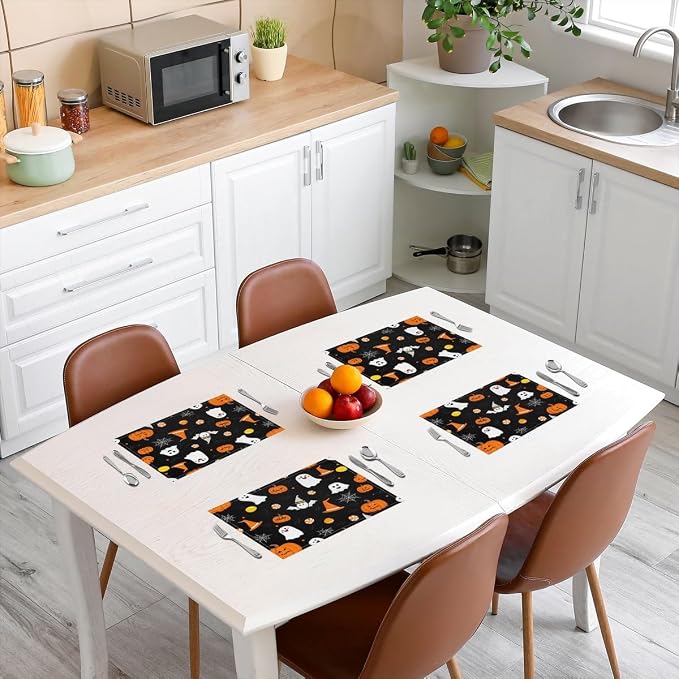 Feelyou Happy Halloween Placemats Set of 4 Cute Ghost Pumpkin Table Mats for Party Kitchen Dining Decoration Orange White Black Place Mat for Table Holiday Decor Indoor Outdoor 18"x12" Non-Slip