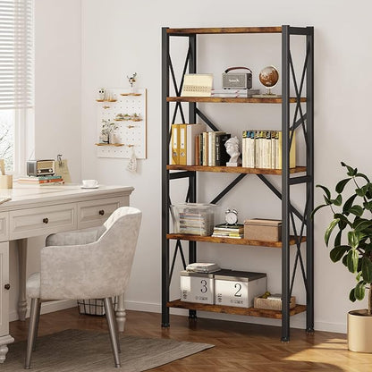 5-Tier Bookshelf,Wood Bookcase,Book Shelf with Steel Frame, Storage Rack with Open Shelves, Rustic Standing Bookshelves Ladder Shelf 110lbs/shelf for Bedroom,Living Room and Home Office