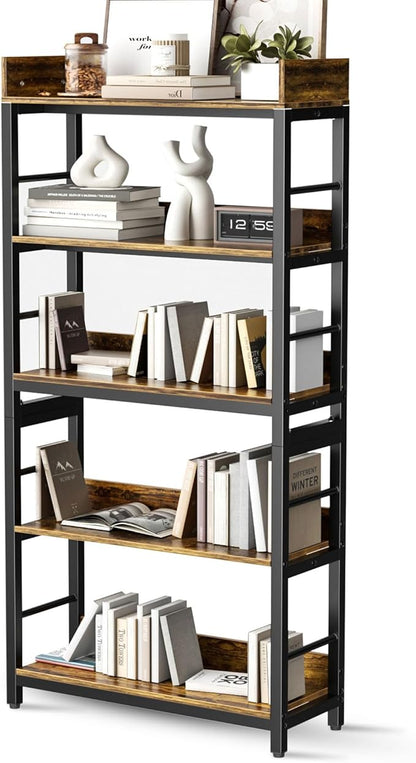 Aquzee Bookshelf, 66" H 5-Tiers Heavy Duty Industrial Shelving Wood & Metal Bookcase, Rustic and Black Tall Shelf Units for Home, Office, Living Room