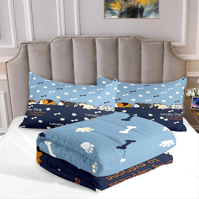 Cute Cartoon Dog Comforter Set 3Pcs Full Comforter Set for Boys Lovely Puppy Patterns Bedding Set Fun Animal Lover Comforter Lovely Dog Paw Bones Quilt with 2 Pillowcases, Full Size
