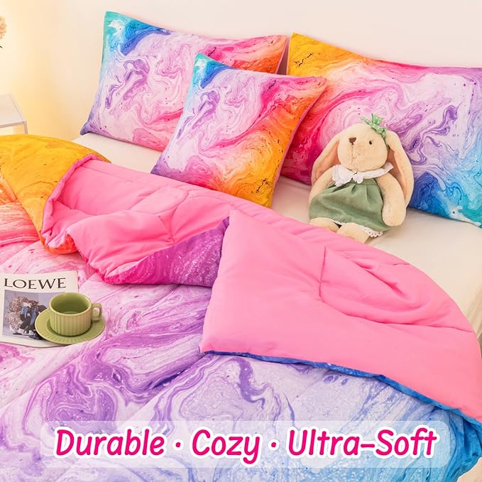 4 Pcs Tie Dye Full Comforter Set for Girls, Watercolor Marble Abstract Art Superior Kids Bedding Sets Full Size, Pink Purple Blue Colorful Teenage Girls Comforter Sets