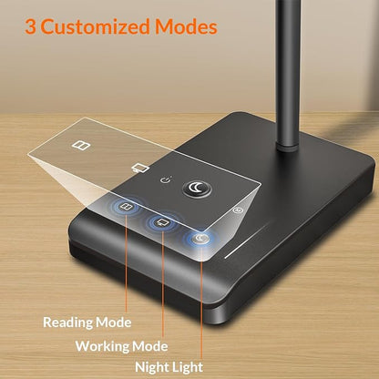 LED Desk Lamp, 12W Reading Desk Lamp for Office Home with 60 Lighting Modes, Touch Control & Timer Function, 750LM Bright Eye-Caring Gooseneck Desk Light Table Lamp for Study, Work, Black