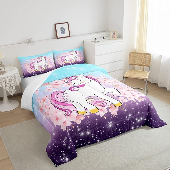 Unicorn Comforter Set King, Kids Unicorn Floral Bedding for Girls Boys Children Bedroom Decor, Cherry Blossoms Glitter Down Comforter Galaxy Kawaii Quilt Set with 1 Pillowcase, Blue Purple Ombre