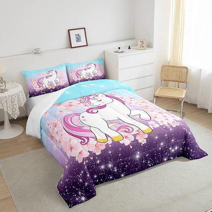 Unicorn Comforter Set King, Kids Unicorn Floral Bedding for Girls Boys Children Bedroom Decor, Cherry Blossoms Glitter Down Comforter Galaxy Kawaii Quilt Set with 1 Pillowcase, Blue Purple Ombre