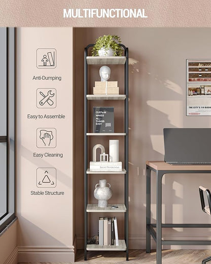 Bookcase Bookshelf, Narrow Book Shelf, Industrial Coner Shelf Storage Organizer, Slim Shelving Unit for Home Office, Living Room, Bedroom, Kitchen, 6-Tier Greige BC24605B