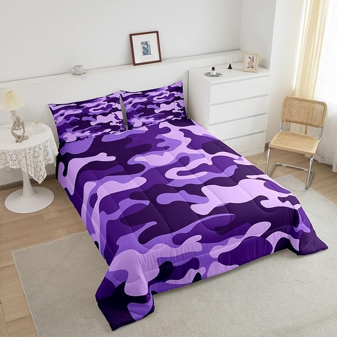 Feelyou Twin Size Camouflage Comforter Set 3Pcs Kids Bedding Set for Boys Girls Teens 1 Comforter & 2 Pillowcases(Twin,Purple)