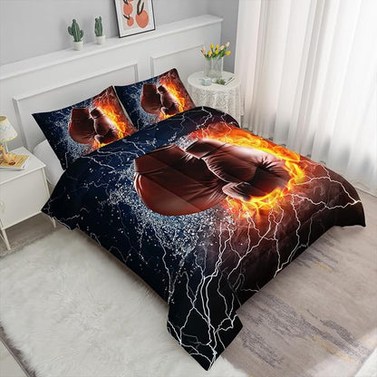 Axolotl Boxing Bedding Set Full,Sports Theme Comforter Set Boxing Gloves Pattern Bedding Set,Red Blue Cool Lightning Comforter Pugilism Games Bedding Set for Kids Boys Teens Men,1 Quilt 2 Pillowcases