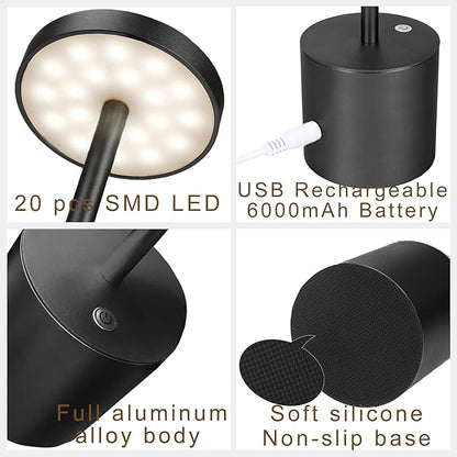 Cordless Table Lamp, Rechargeable LED Battery 6000mAh Metal USB Portable Powered Desk Lamp, 3 Levels Brightness Light for Restaurants Outdoor (13.25in Black)