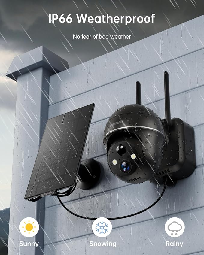 ZUMIMALL Solar Security Cameras Wireless Outdoor, 360° View Outdoor Camera Wireless Solar Powered,2.4G WiFi，2K/3MP Color Night Vision,2-Way Talk, PIR Motion Alert, Cloud Storage, Work with Alexa