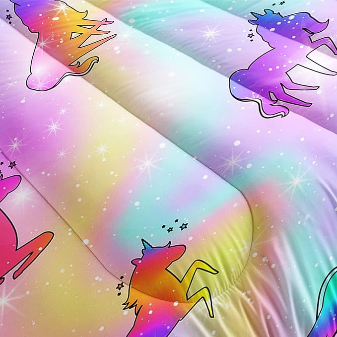 Datura home Unicorn Rainbow Comforter Bedding Set for Girls Kids Children Teens,Sky Glitter Star Colorful Bedding Set with 1 Comforter and 2 Pillowcases(Unicorn3 Full)