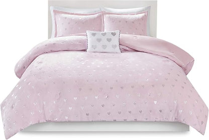 Mi Zone Rosalie Comforter Set for Girls, Ultra-Soft Microlight Plush Metallic Printed Hearts Brushed Reverse Overfilled Down Alternative Hypoallergenic All Season, , Full/Queen, Pink/Silver, 4 Piece