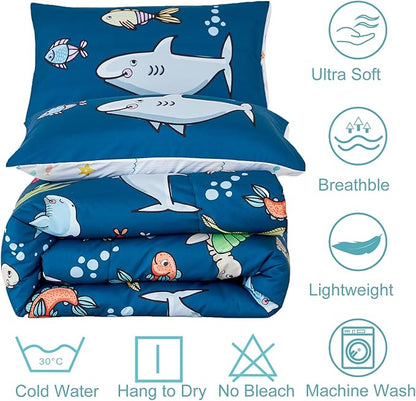 WINLIFE Shark Comforter Set Queen Size for Boys Teen Ocean Themed Fish Turtles Printed Bedding Set, Soft Microfiber Bedding All Season (3Pcs, Queen)