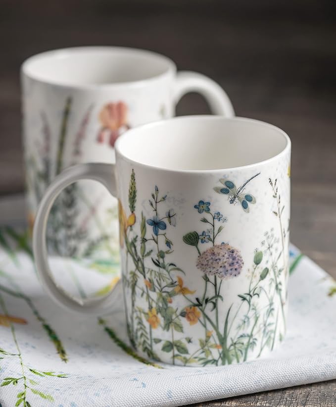 Maison d' Hermine Coffee Mug with Handles Tea Cups (15 Ounce, Pack of 2) | Fine Bone China Coffee Mugs for Hot Beverages Cappuccino Latte Home Restaurant Hotel Spring Summer -Fleurs De Mai