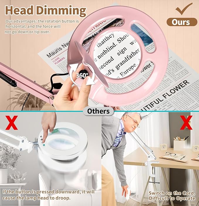 HITTI 2200 Lumens 10X Magnifying Glass with Light and Stand, 24W Super Bright Esthetician Light Magnifier, Stepless Dimmable Hands Free Magnfiying Lamp for Workbench Craft Painting Nail Hobby - Pink