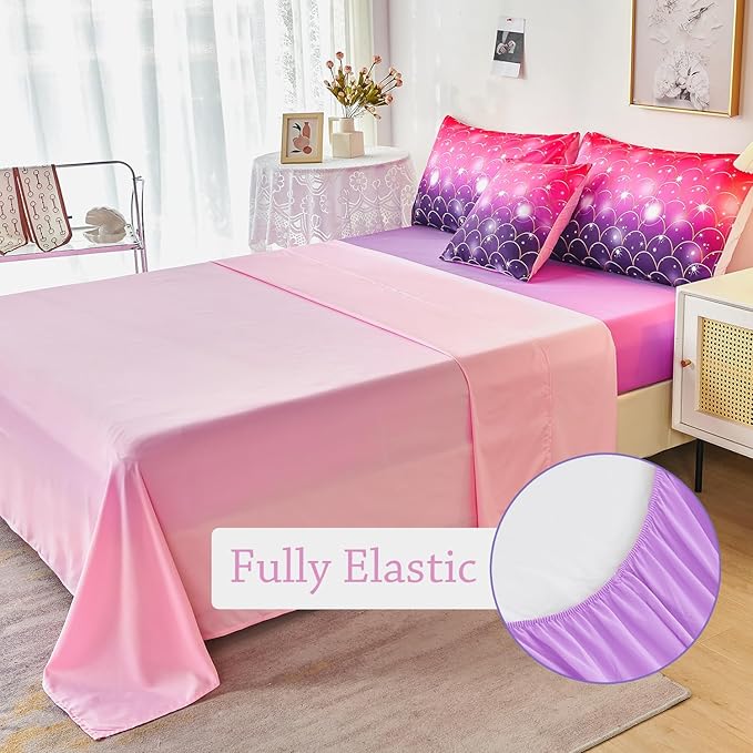 URBONUR Purple Glitter Comforter Set Queen Size for Girls 6 Piece Bed in A Bag Comforter with Sheets Set, Gradient Pink Purple Sparkle Mermaid Fish Scales Bedding Comforter Set