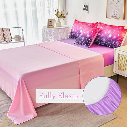 URBONUR 6Pcs Twin Comforter Set for Girls Pink and Purple Mermaid Printed Kids Bedding Set, Soft Microfber Gilrs Twin Bed Sets