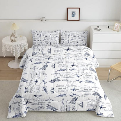 Feelyou Aircraft Bedding Set Kids Airplane Print Comforter Set Boys Girls Decor Aircraft Flying Comforter Cover Set Microfiber Sketch Style Blue White Duvet Set Bedroom Quilt Set Twin Size