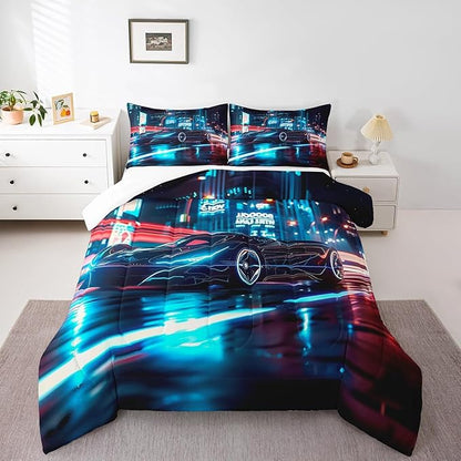 Feelyou City Racing Car Bedding Set Full Size for Kids Boys Extreme Sport Games Comforter Set Teens Toddler Fast and Furious Duvet Set Cool Modern Quilt Set 3Pcs